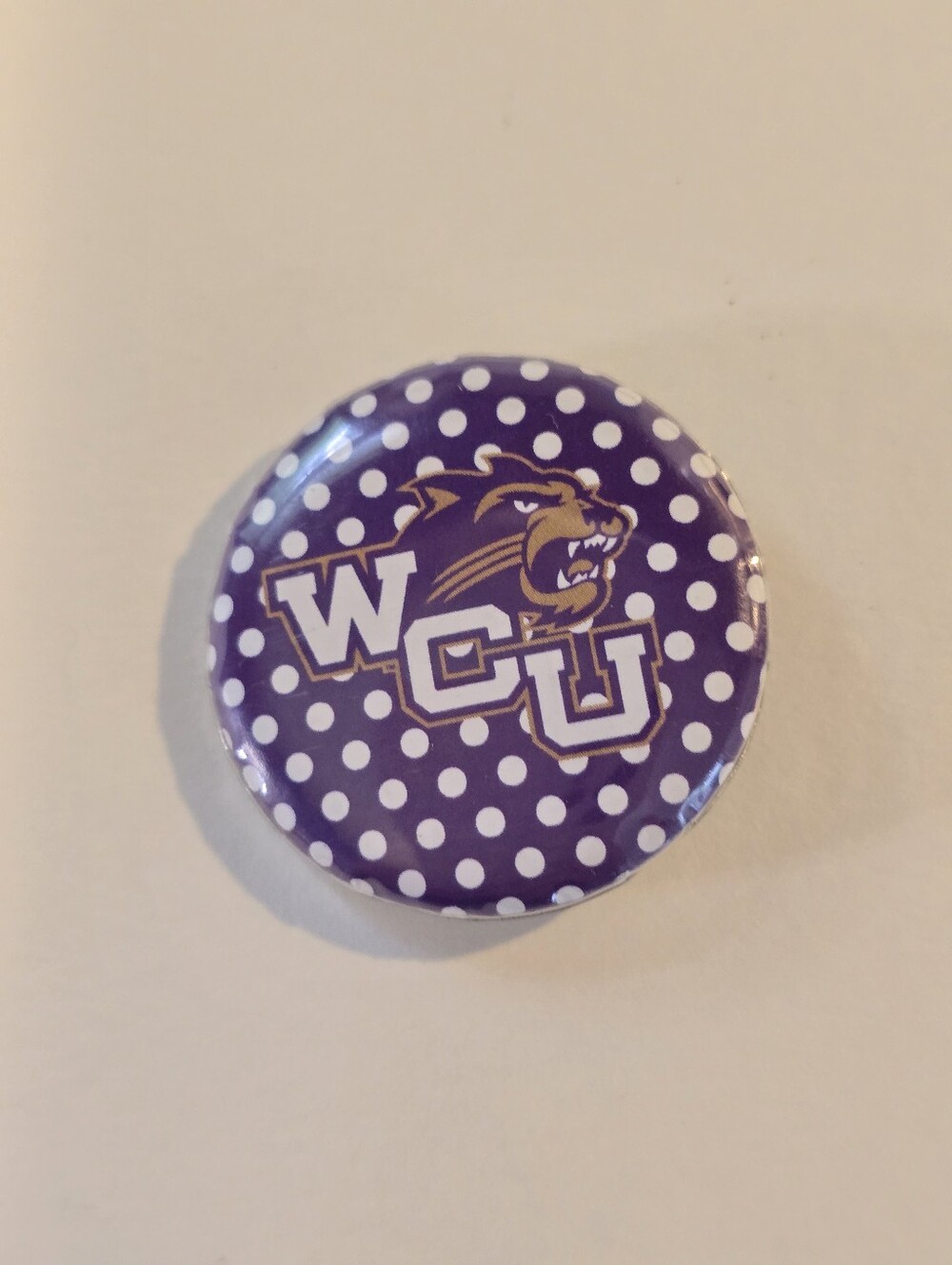 WCU Polka Dot Button Pin - Purple & White